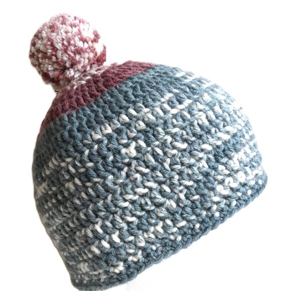Wool Beanie OS 8" Skull Cap Unisex Handmade Crochet Hand Knit Winter Warm w/ Pom - Picture 1 of 9